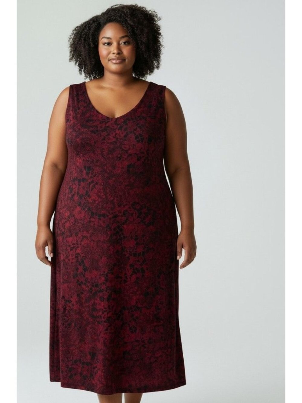 Catherines Red Black Lace Print Sleeveless V-Neck Shift Dress Size 3X 26/28W 4X